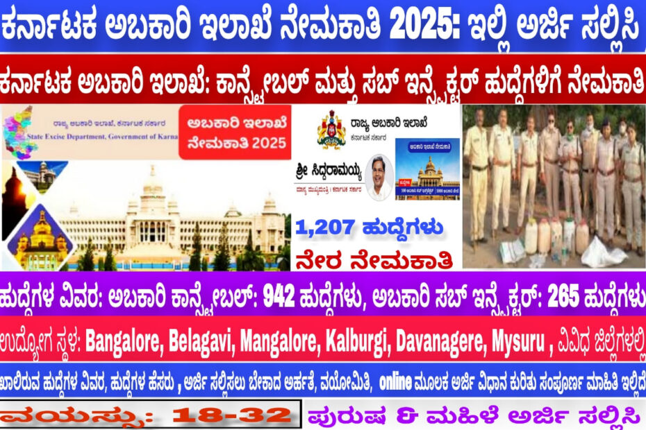 Karnataka Excise Department Recruitment 2025: Apply for 1,207 Government Jobs, including 942 Excise Constable and 265 Sub-Inspector Vacancies.