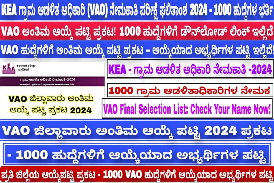 Karnataka KEA VAO Result 2024 - Final Selection List PDF, Cut Off Marks & Merit List for 1000 Village Administrative Officer Posts.